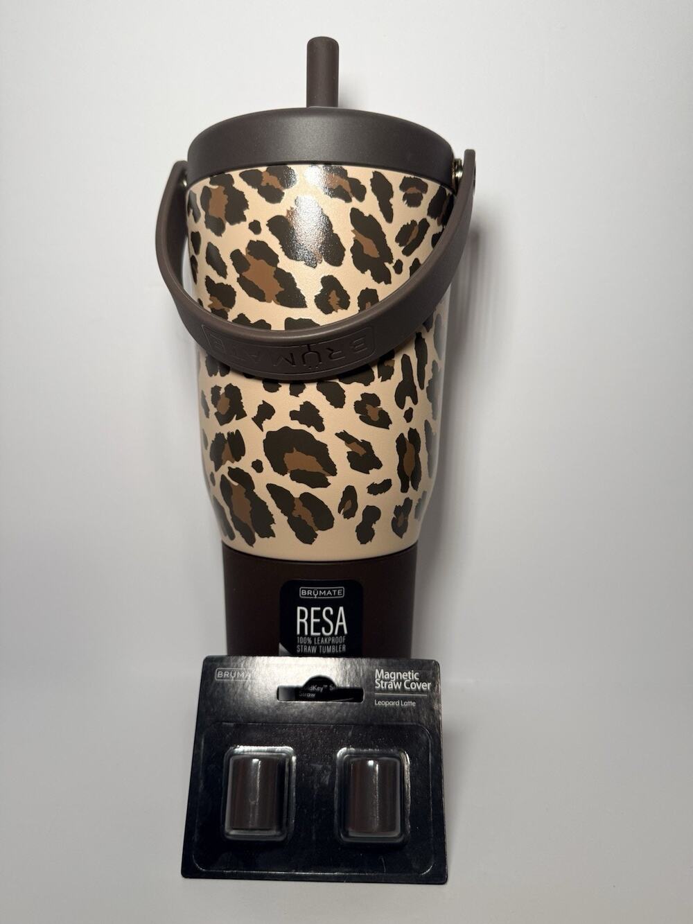 BruMate Limited Edition LEOPARD LATTE 35oz Resa Straw Tumbler + Straw Covers NWT